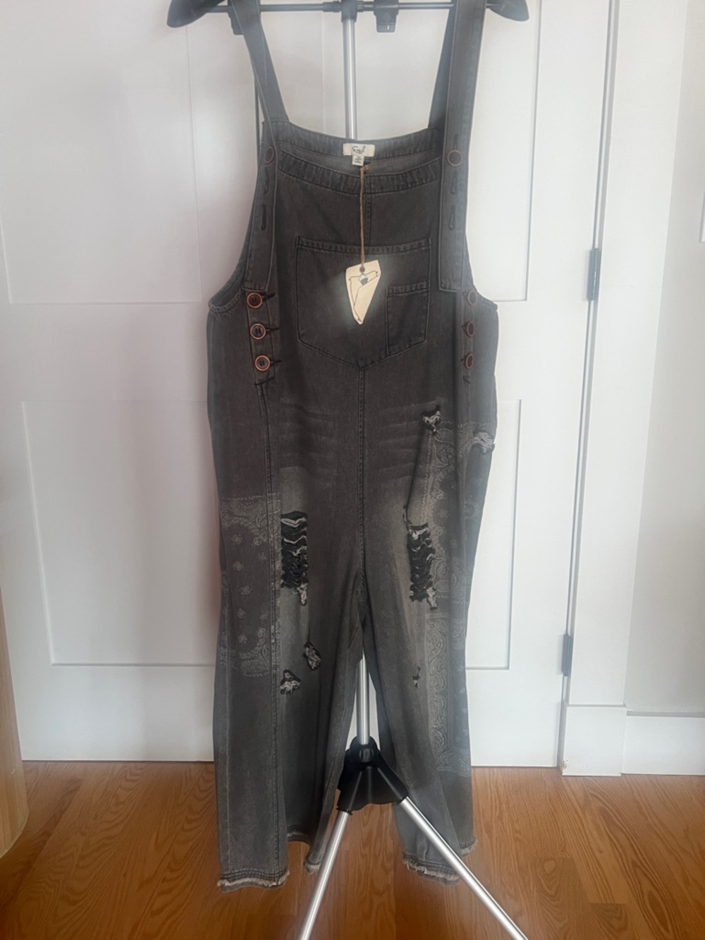 easel Distressed Gray Denim Overalls Jumpsuit